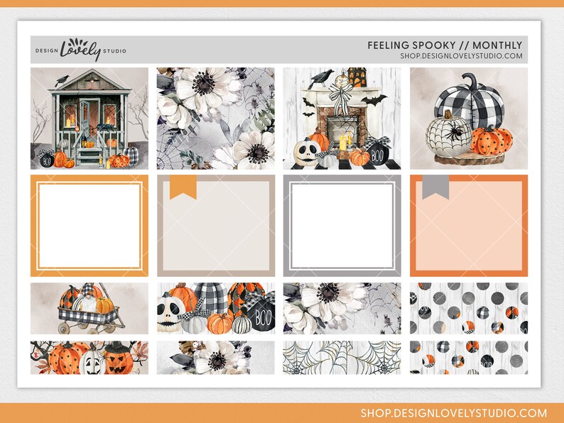 May include: A set of 10 printable Halloween themed planner stickers featuring pumpkins, a spooky house, a fireplace, and floral designs. The stickers are in a watercolour style with black and white checked patterns and orange and white polka dots.