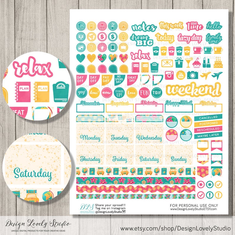 May include: A set of colorful planner stickers with a tropical theme. The stickers feature various designs, including text, icons, and illustrations. The stickers are perfect for organizing and decorating planners, journals, and other paper goods.