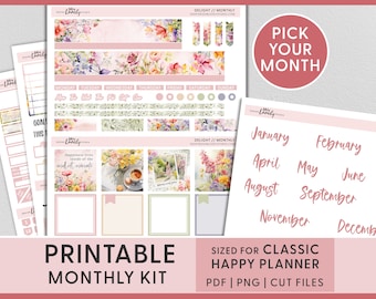 June Monthly Sticker Kit, July Monthly Kit, Printable May Planner Stickers, Happy Planner, Floral, Pink, Watercolor, Summer, Spring, HPMV249