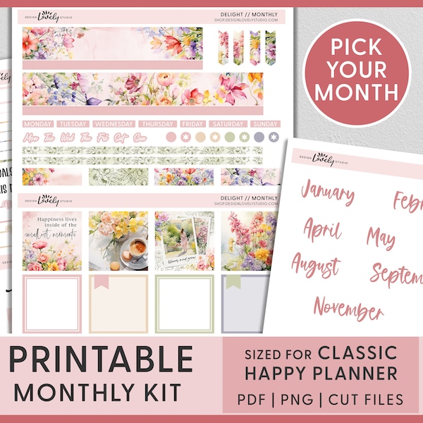 June Monthly Sticker Kit, July Monthly Kit, Printable May Planner Stickers, Happy Planner, Floral, Pink, Watercolor, Summer, Spring, HPMV249