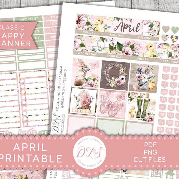 April Printable Happy Planner Stickers, Easter Planner Stickers, HP Classic Monthly Printable Stickers, April Monthly Kit, HPMV184