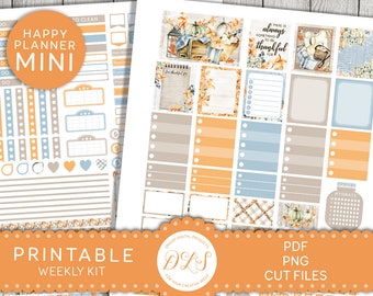 May include: Printable planner stickers with a fall theme. The stickers feature a variety of designs, including pumpkins, leaves, and a mason jar with a quote that says "There is always something to be thankful for".