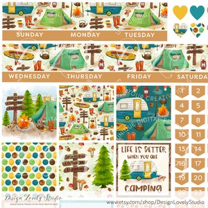 Puede incluir: Un kit de planificador digital con tem&aacute;tica de camping. El kit incluye un planificador semanal, un planificador diario y una variedad de pegatinas. Las pegatinas presentan una caravana, una tienda de campa&ntilde;a, una fogata y otros art&iacute;culos relacionados con el camping. Los colores son verde, azul, amarillo, marr&oacute;n y rojo.