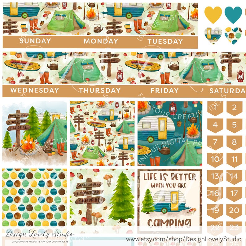 Puede incluir: Un kit de planificador digital con tem&aacute;tica de camping. El kit incluye un planificador semanal, un planificador diario y una variedad de pegatinas. Las pegatinas presentan una caravana, una tienda de campa&ntilde;a, una fogata y otros art&iacute;culos relacionados con el camping. Los colores son verde, azul, amarillo, marr&oacute;n y rojo.