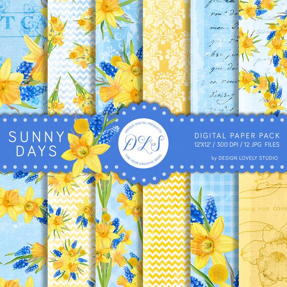 Yellow Flowers Digital Paper, Spring Digital Paper Pack, Floral Digital Background, Daffodils Digital Paper, Easter Digital Paper, DP145