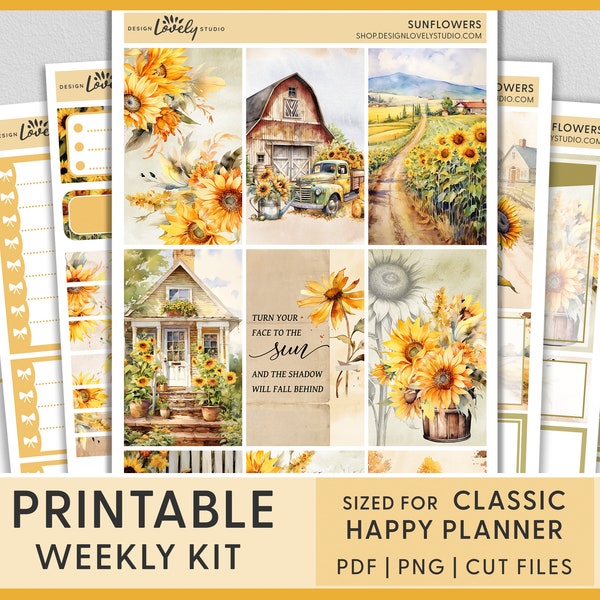 Sunflowers Planner Stickers, Happy Planner Stickers, Printable Planner Stickers, Weekly Sticker Kit, Summer Stickers, Floral Stickers, HP233