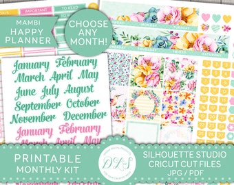 Happy Planner Monthly Kit, Happy Planner Monthly Stickers, Editable Planner Stickers, Printable Monthly Stickers, Cricut, Silhouette, HPE101