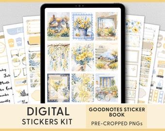 Floral Digital Planner Stickers, Spring Goodnotes Planner Stickers, Pre-cropped Ipad Stickers, Yellow & Blue, Instant Download, DG154