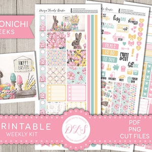 Pegatinas imprimibles del planificador de PASCUA, pegatinas del planificador de semanas de Hobonichi, pegatinas del planificador de primavera, kit de pegatinas del conejito de Pascua, archivos cortados, HO141