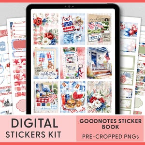 Adesivi per planner digitale del 4 luglio - Kit settimanale pretagliato per Goodnotes e iPad, stelle patriottiche, strisce, barbecue e fuochi d'artificio, DG184