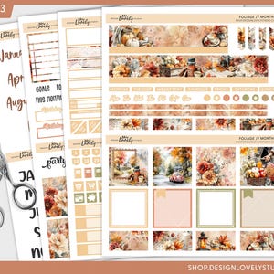 May include: A collection of planner stickers with a fall theme. The stickers feature watercolor illustrations of pumpkins, flowers, and autumn scenes. Includes monthly, weekly, and daily planner stickers. The text "PAGE 1/3" is visible.