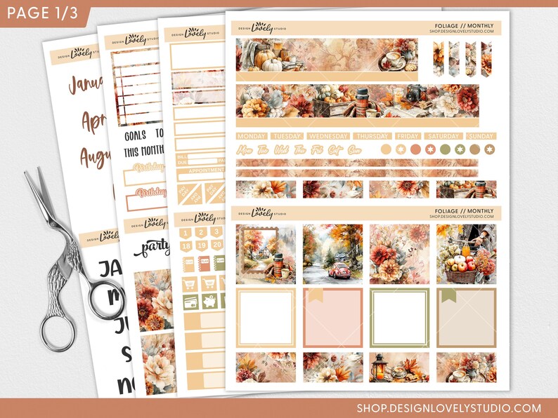May include: A collection of planner stickers with a fall theme. The stickers feature watercolor illustrations of pumpkins, flowers, and autumn scenes. Includes monthly, weekly, and daily planner stickers. The text "PAGE 1/3" is visible.