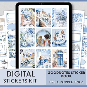 Stickers numériques pour agenda d'été, Stickers pour agenda de la côte méditerranéenne, Santorin, Grèce, voyage, vacances, bleu, Stickers Goodnotes, DG157