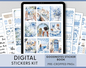 Digital Summer Planner Stickers, Mediterranean Coast Planner Stickers, Santorini, Greece, Travel, Vacation, Blue, Goodnotes Stickers, DG157