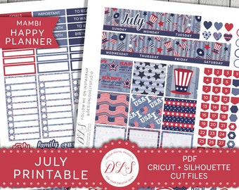Pode incluir: Adesivos imprimíveis para planejador de julho com um esquema de cores vermelho, branco e azul com estrelas e listras, e um tema de julho. Os adesivos são projetados para uso com um Mambi Happy Planner.