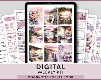 Adesivi digitali per agenda "Serata estiva in spiaggia", kit di adesivi settimanali per GoodNotes, vacanza al mare, tramonto sull'oceano, DG205