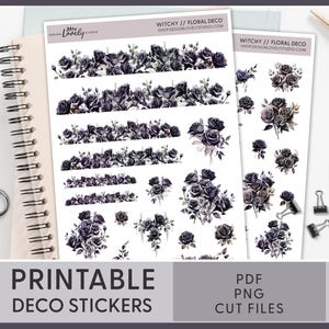 Halloween Floral Journaling Sticker Kit, Gothic Flowers Stickers, Black Roses Deco Stickers, Printable Stickers, BuJo Stickers, JS166