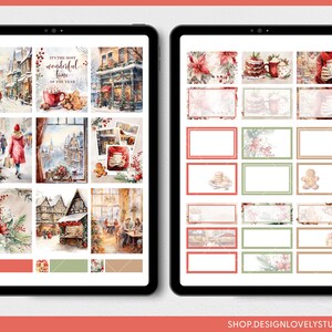 May include: Two digital tablets displaying watercolor illustrations of Christmas scenes and planner elements. The left tablet shows winter street scenes, a cozy cafe, and the text "It's the most wonderful time of the year." The right tablet features planner boxes with festive designs.