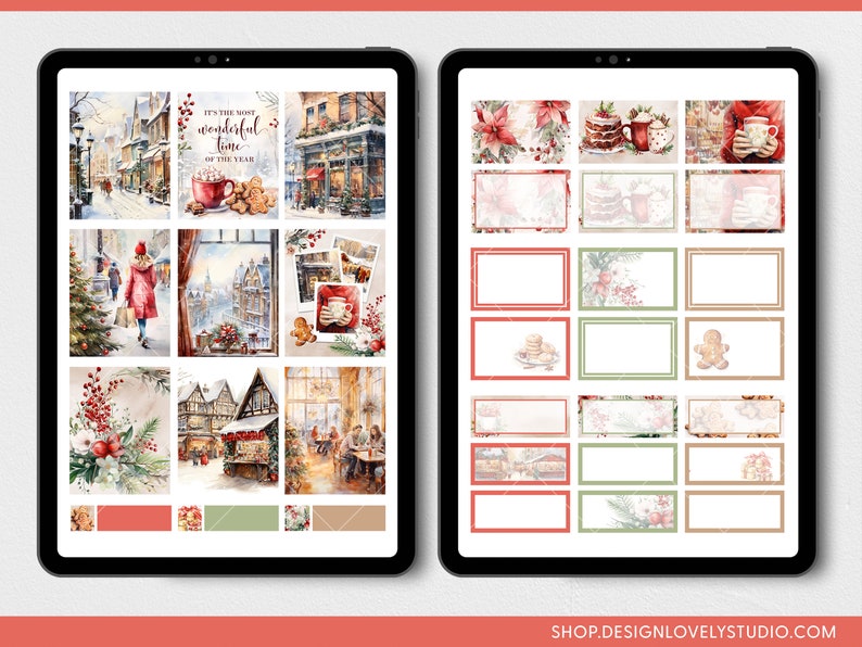 May include: Two digital tablets displaying watercolor illustrations of Christmas scenes and planner elements. The left tablet shows winter street scenes, a cozy cafe, and the text "It's the most wonderful time of the year." The right tablet features planner boxes with festive designs.