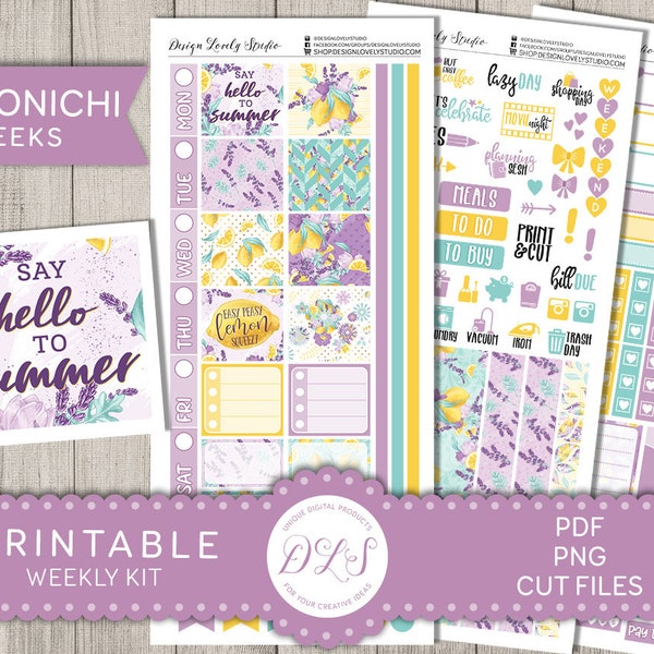 HOBONICHI Weeks Printable Stickers Kit, Summer Planner Stickers, Lavender Planner Stickers, Lemon Planner Stickers, Cut Files, HO109