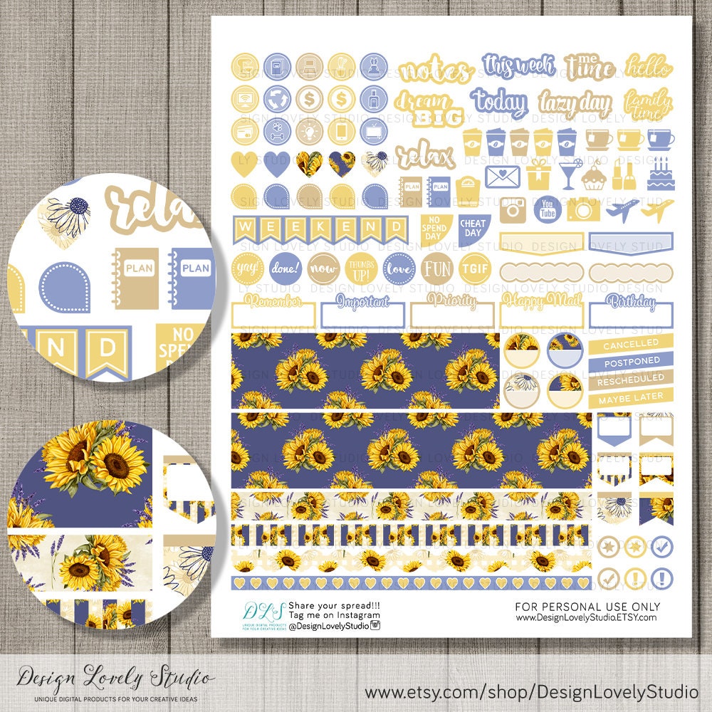 SUNFLOWERS Planner Stickers Printable Weekly Sticker Kit - Etsy