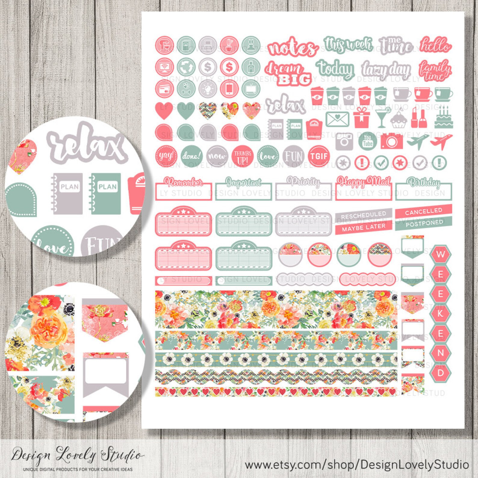ECLP Weekly Stickers Kit PRINTABLE Floral Planner Stickers | Etsy