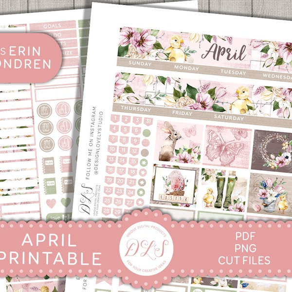 APRIL Sticker Kit, April Printable Planner Stickers for Erin Condren, Easter Flower Stickers, Bunny Stickers, Monthly Stickers Kit,  MV185