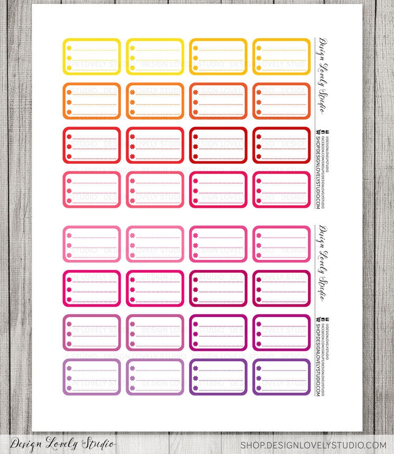 May include: A sheet of printable planner stickers with 20 colorful rectangular boxes. Each box has a dotted line and a small star design. The colors of the boxes range from yellow to orange, red, pink, and purple.