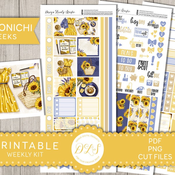 Sunflowers Planner Stickers, Hobonichi Weeks Printable Stickers, Floral Weekly Planner Kit, Print Cut Stickers, Cut files, HO153