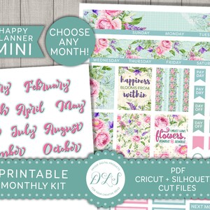 Floral Stickers mensuels, imprimable mensuel Planner Stickers, Kit mensuel Mini Planner heureux, choisissez n’importe quel mois, mois vue autocollants, MM134
