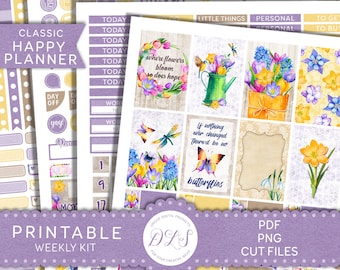 May include: Printable planner stickers with a floral theme. The stickers feature watercolor illustrations of flowers, butterflies, and a watering can. The text on the stickers includes "where flowers bloom so does hope" and "If nothing ever changed there'd be no butterflies".