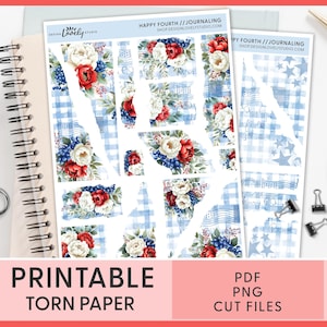 Adesivi di carta strappata del 4 luglio - Effimeri e stampabili per planner patriottici, strati rossi, bianchi e blu per journaling e scrapbooking estivo, JS238