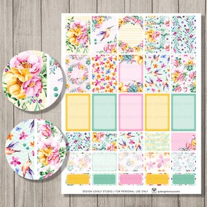 May include: A set of 18 printable planner stickers featuring floral patterns, hummingbirds, and geometric designs in pastel colors. The stickers are perfect for adding a touch of whimsy to your planner or journal.