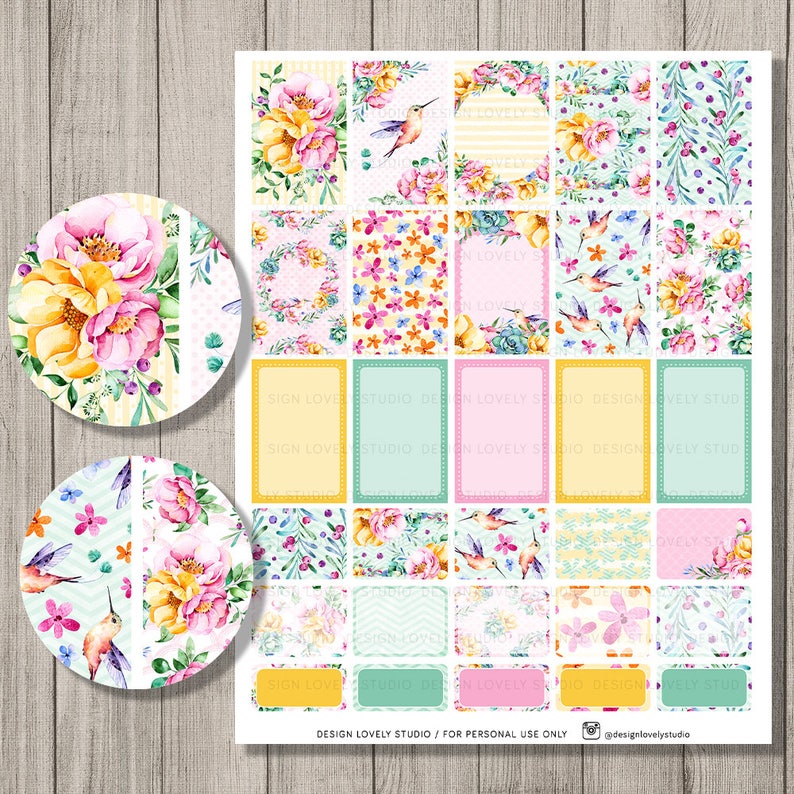 May include: A set of 18 printable planner stickers featuring floral patterns, hummingbirds, and geometric designs in pastel colors. The stickers are perfect for adding a touch of whimsy to your planner or journal.
