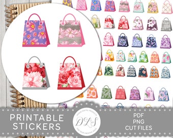 Puede incluir: Hoja de pegatinas imprimibles con 36 diseños diferentes de bolsas de compras florales. Las bolsas son de varios colores y patrones, incluyendo rosa, morado, rojo, verde y azul. La hoja está etiquetada como "Pegatinas imprimibles" y "Archivos PDF PNG recortables".