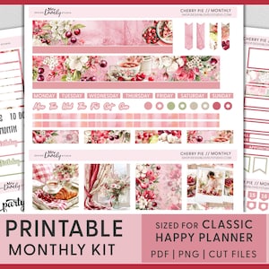 Kit mensual de verano de cerezas: pegatinas imprimibles para planificadores Happy Planner, Cottagecore, cerezas y repostería, junio, julio y agosto, HPMV273