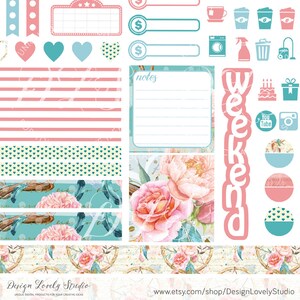 May include: A set of printable planner stickers featuring a variety of designs, including floral patterns, hearts, dollar signs, and text. The stickers are in pink, blue, and green colors. The text on the stickers includes "notes", "weekend", and "You Tube".
