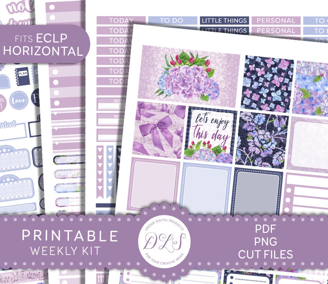 ECLP Horizontal Stickers, Printable Floral Planner Stickers, Weekly ...