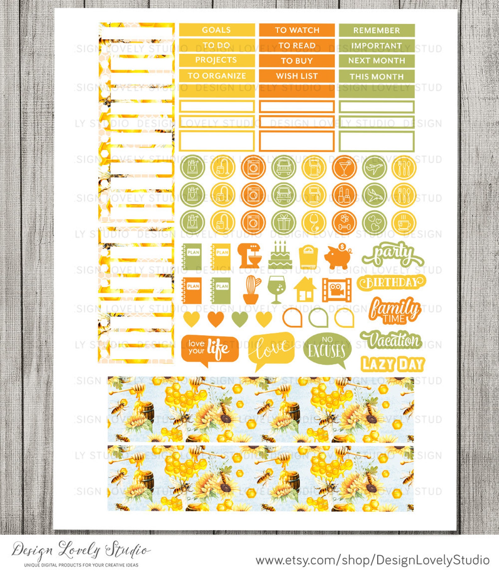 PRINTABLE Monthly Planner Stickers Kit, Honey Bee Monthly Planner Kit ...
