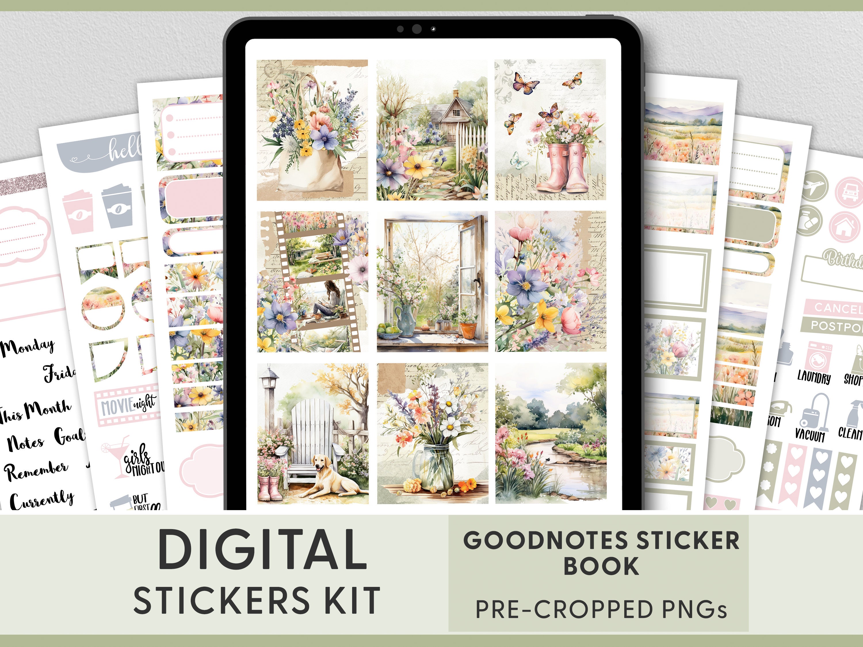 Spring Digital Planner Stickers, Spring Goodnotes Stickers, Floral Digital Stickers, Spring Sticker Sheet, Pre-cropped Stickers, DG141
