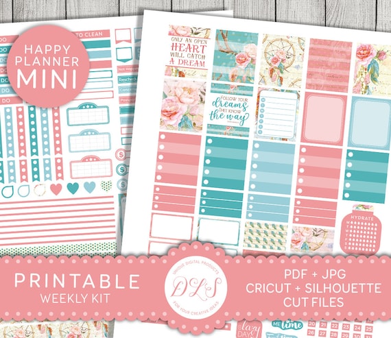 Printable Mini Happy Planner Stickers, Boho Planner Stickers, Dreamcatcher Planner Stickers Kit, Happy Planner Weekly Kit, Cutfile, MW138