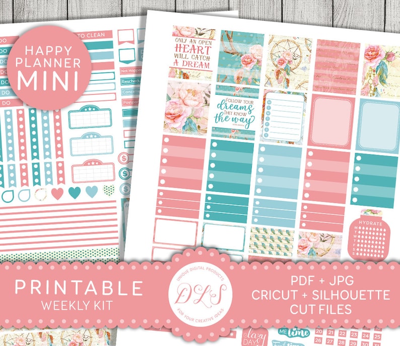May include: Printable planner stickers in pink and blue with floral and dreamcatcher designs. The stickers include quotes like "Only an open heart will catch a dream" and "Follow your dreams that know the way".