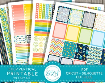 May include: A printable weekly planner kit with colourful stickers and patterns. The kit includes a variety of designs, including hearts, flowers, and geometric shapes. The text "ECLP VERTICAL PRINTABLE WEEKLY KIT" is displayed on the bottom of the image. The text "PDF CRICUT + SILHOUETTE CUT FILES" is displayed on the bottom right of the image.