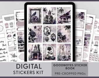 May include: A digital sticker kit for Goodnotes featuring a gothic theme with images of a haunted house, a rose, a fireplace, a piano, and a woman in a white dress. The stickers are pre-cropped PNGs.