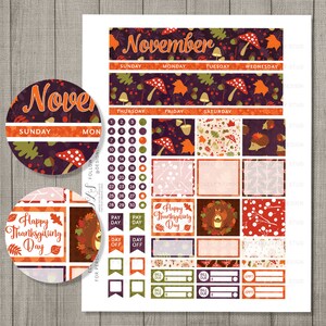 May include: A printable November planner sticker sheet with a fall theme. The stickers feature a variety of designs, including mushrooms, acorns, leaves, and a squirrel. The sheet also includes a calendar, boxes for notes, and a "Happy Thanksgiving Day" sticker.