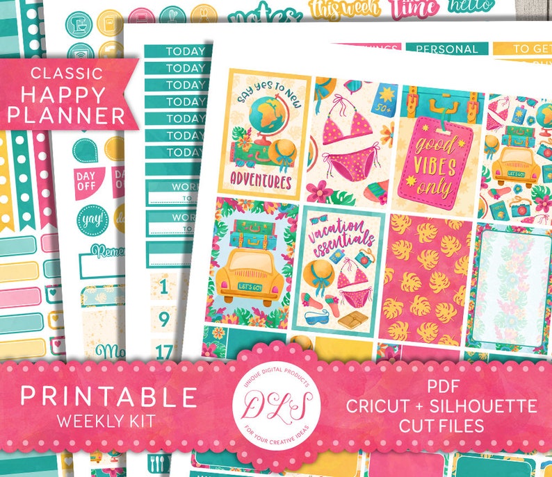 May include: Printable weekly planner stickers with a summer vacation theme. The stickers feature a yellow car, suitcases, a globe, a bikini, a hat, palm leaves, and the text "Say yes to new adventures" and "Vacation essentials".