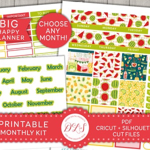 May include: Printable monthly planner kit featuring a watermelon, pineapple and lime theme. The kit includes a title page with the text "Big Happy Planner", a page with the text "Choose Any Month!" and a page with a calendar grid. The kit is available in PDF format and includes Cricut and Silhouette cut files.