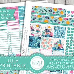Kit di luglio Happy Planner, diffusione mensile di luglio, adesivi di luglio Happy Planner, kit stampabile mensile, adesivi mensili sulla spiaggia, HPMV125