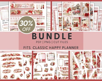 May include: A digital planner sticker bundle with a Christmas theme. The stickers feature red, white, and gold colors with floral and wintery designs. The bundle includes a variety of stickers, including banners, boxes, and decorative elements. The text "December" and "30% OFF" are visible in the image. The text "Magic Moments" is repeated on several stickers. The text "FITS CLASSIC HAPPY PLANNER" is also visible in the image.
