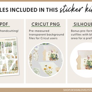 May include: A digital download sticker kit with three different file types: PDF, Cricut PNG, and Silhouette. The kit features a nature-themed design with a compass, flowers, and a vintage aesthetic.